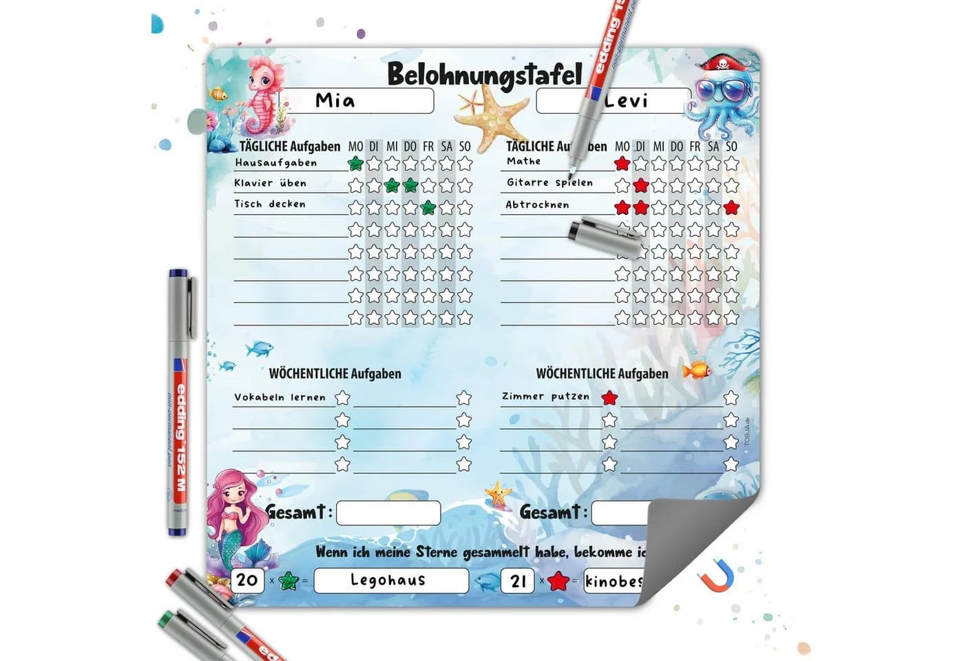 TOBJA Magnetische Belohnungstafel XL Meerjungfrau mit 4 Stiften - Bild 2