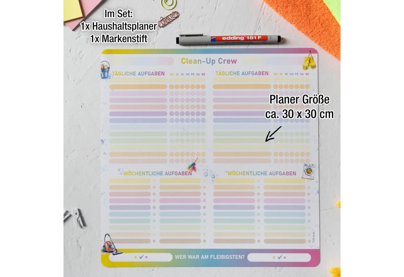 TOBJA Magnettafel Haushaltsplaner magnetisch 30x30 inkl. Stift
