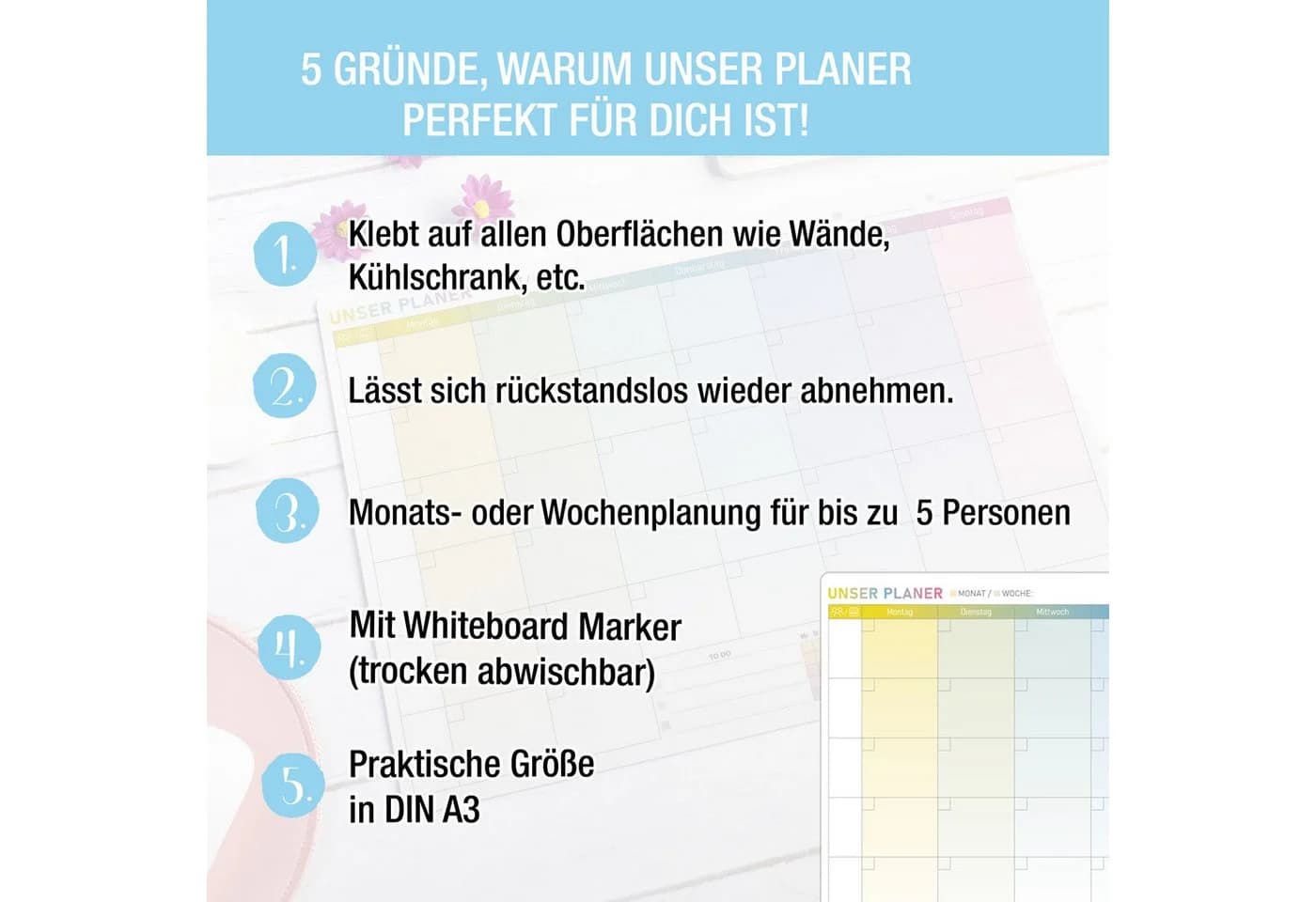 TOBJA Wandtafel Monatsplaner A3 selbsthaftend abwischbar inkl. Stift