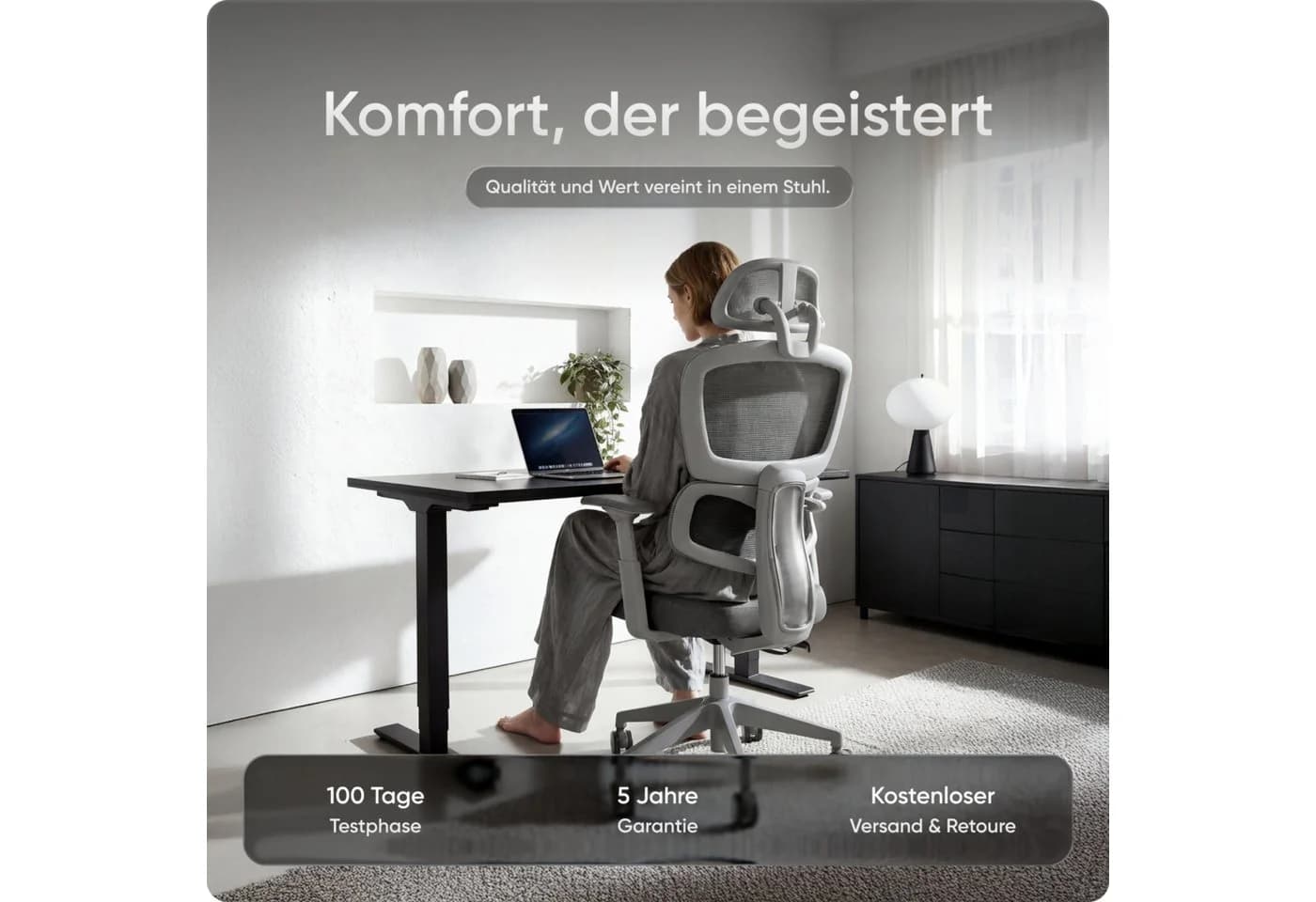 DESKSPACE Bürostuhl Move Ergonomischer Bürostuhl 3-stufige Neigung 150kg Intelligente Lordosenstütze - Bild 2