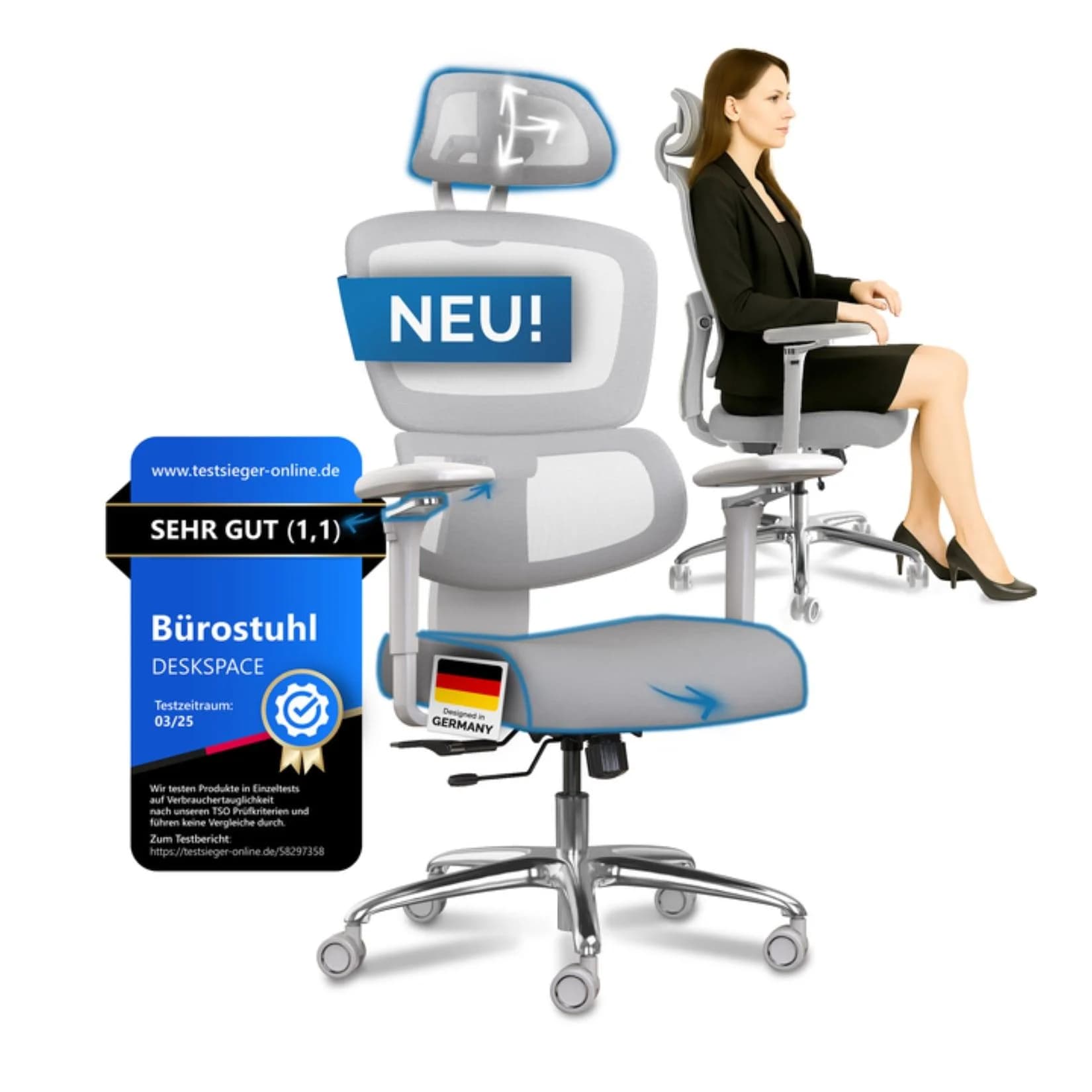 DESKSPACE Move Pro Bürostuhl mit ergonomischem Netzrücken und 3D-Armlehnen