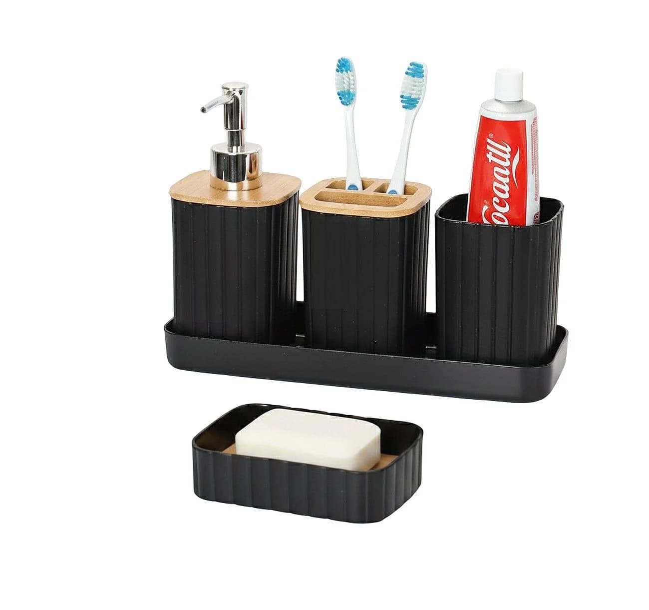 Cheffinger Badaccessoire-Set 5-tlg. Seifenspender Zahnputzbecher Schwarz - Bild 2