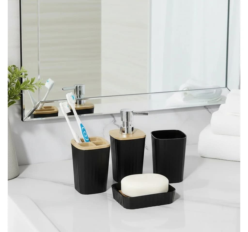Cheffinger Badaccessoire-Set 5-tlg. Seifenspender Zahnputzbecher Schwarz - Bild 5