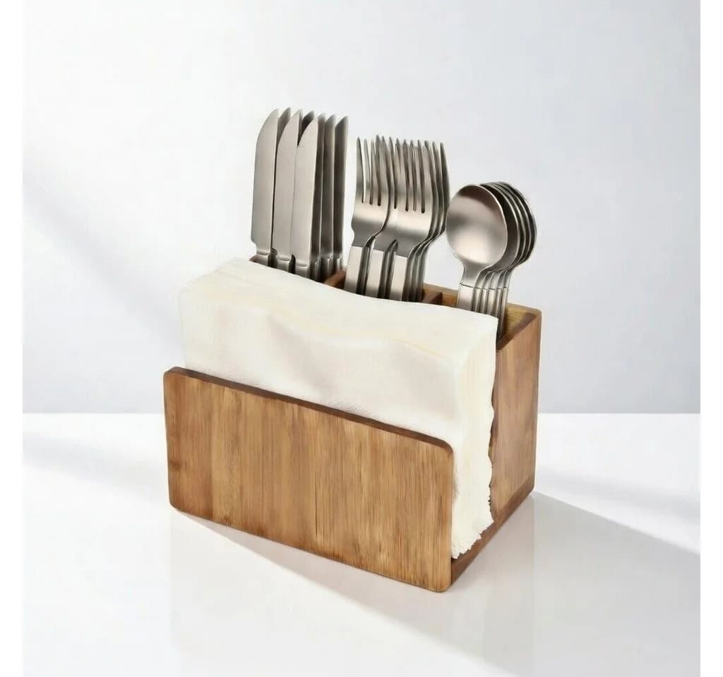 Cheffinger Besteckhalter Organizer aus Akazienholz mit 4 Fächern