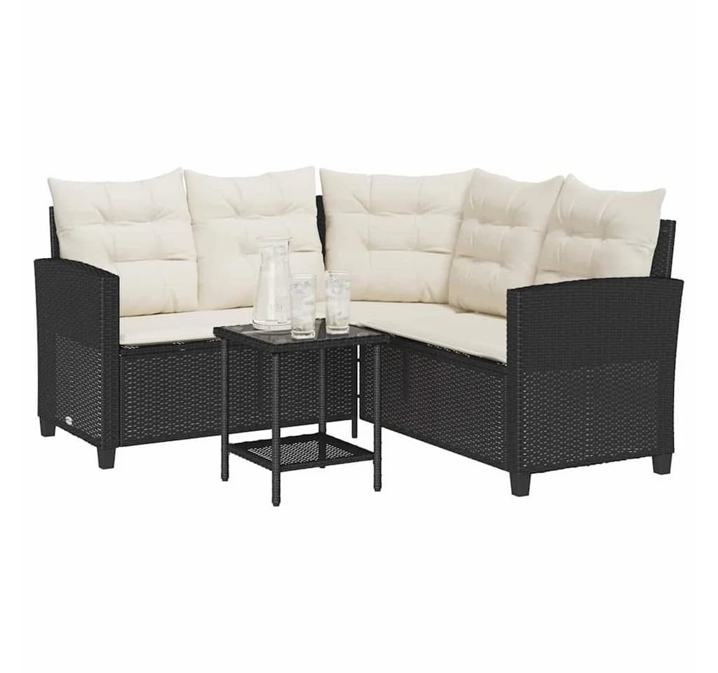 vidaXL Loungesofa L-Form Schwarz Poly Rattan mit Tisch und Kissen - Bild 4