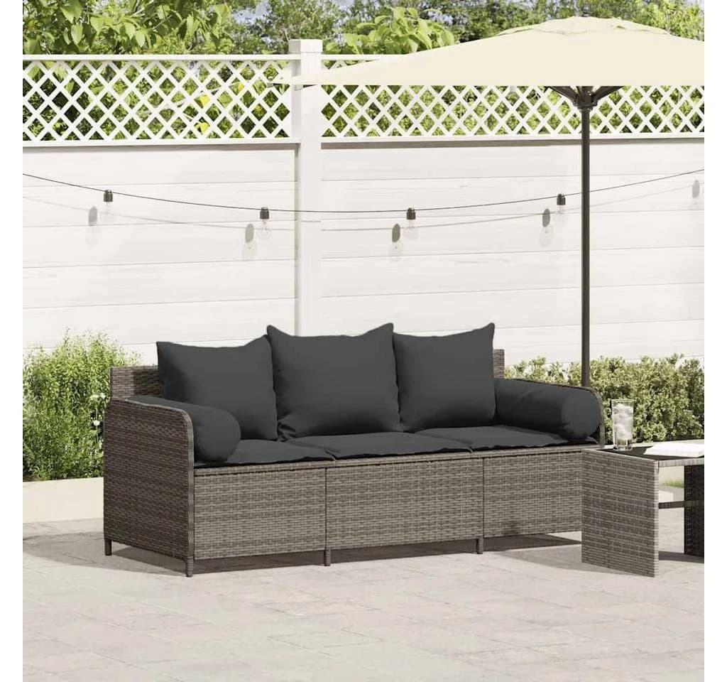 vidaXL Loungesofa 3-Sitzer Grau Poly Rattan mit Kissen