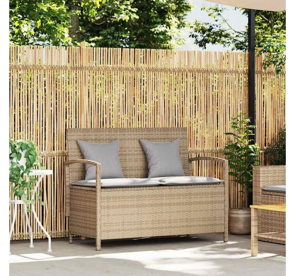 vidaXL Gartenbank mit Stauraum und Kissen Beige Poly Rattan