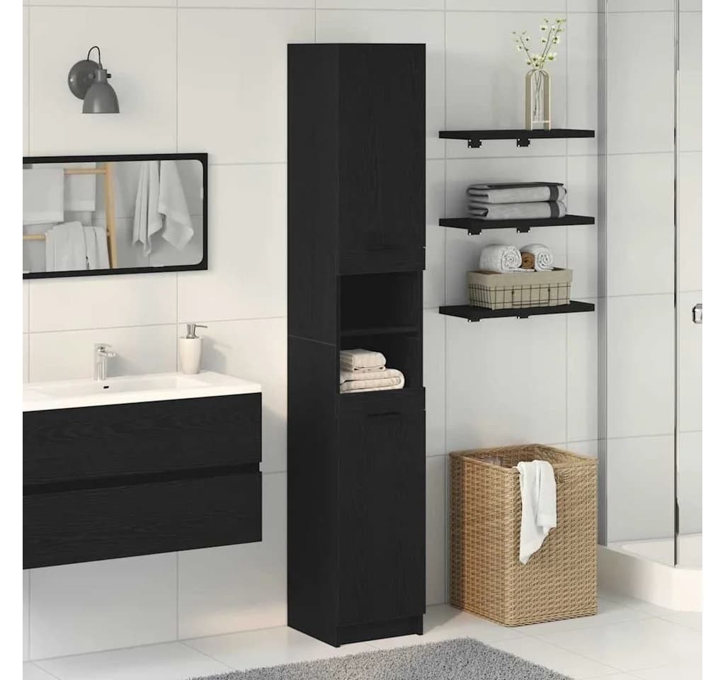 vidaXL Badezimmerschrank Schwarz Eichen-Optik mit 6 Regalen