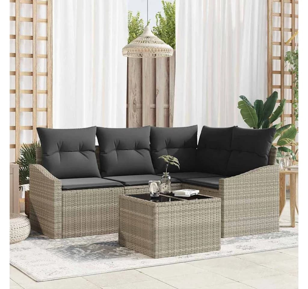 vidaXL Gartenlounge-Set 5-tlg. Hellgrau Poly-Rattan mit Kissen