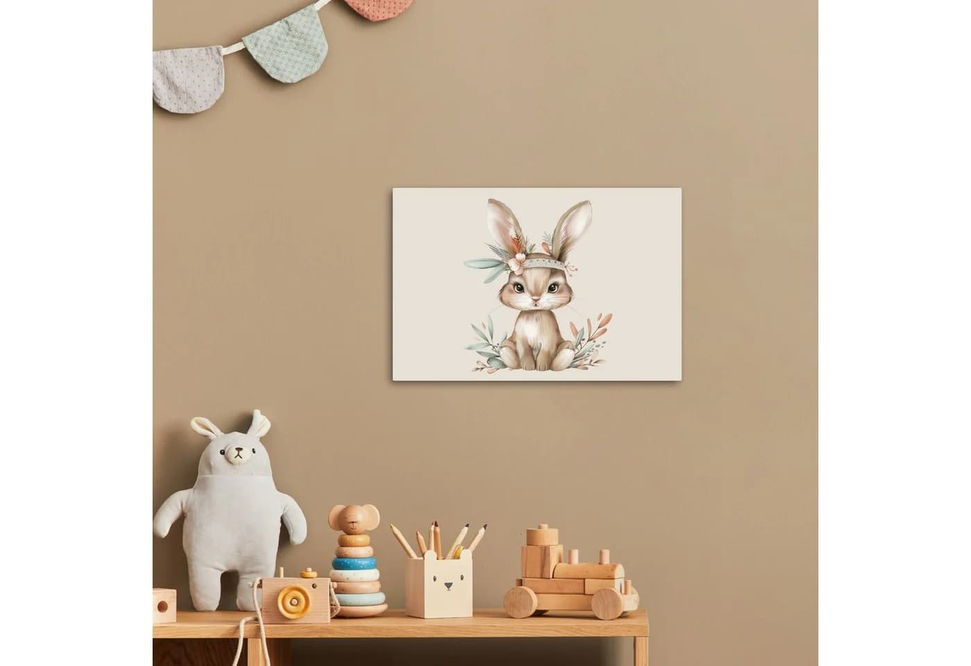 OneMillionCanvasses® Leinwandbild Hase - Tier - Bohème - Pastellfarben, Fotodruck (1 St), Kinderzimmer Deko, Mädchen und Jungen Bilder 30x20 cm - Bild 3