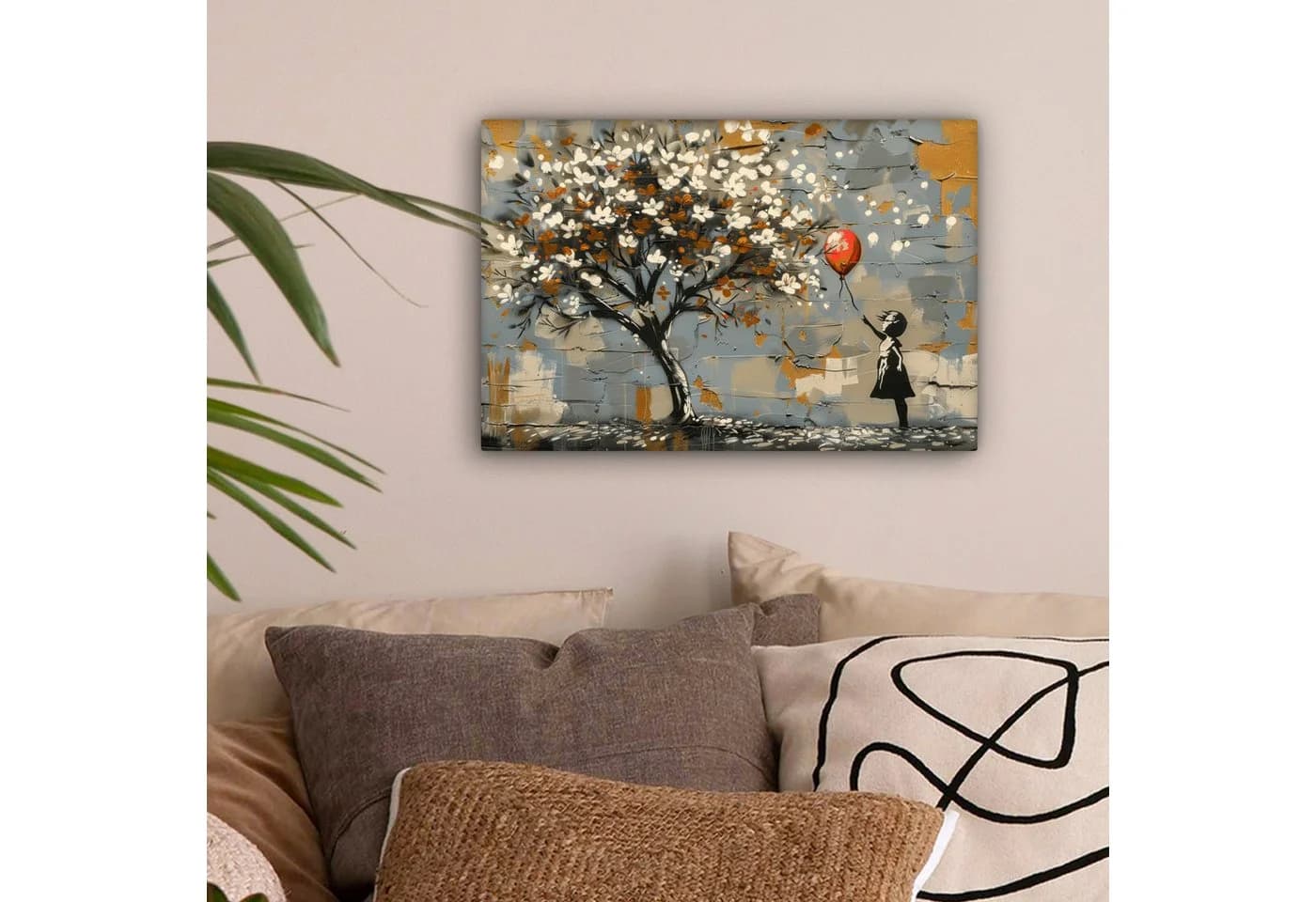 OneMillionCanvasses® Leinwandbild Banksy-Stil Baum Balloon Girl Grau Gold