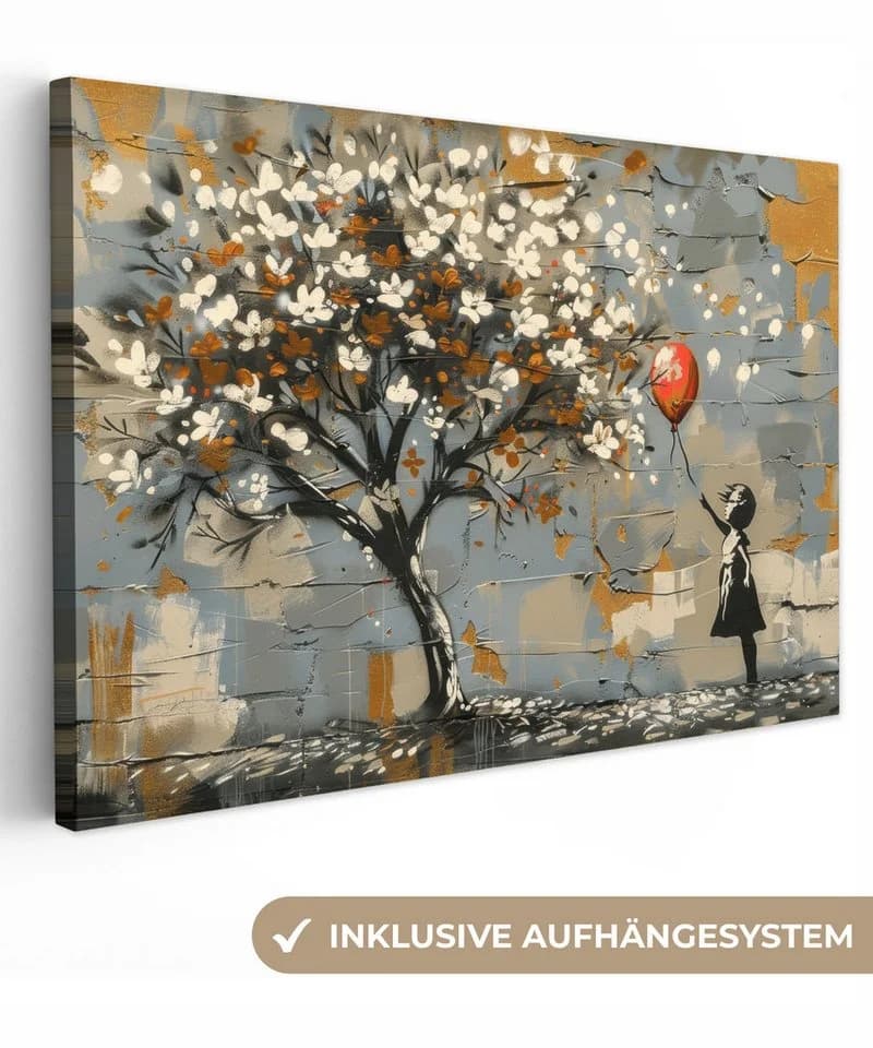 OneMillionCanvasses® Leinwandbild Banksy-Stil Baum Balloon Girl Grau Gold - Bild 2