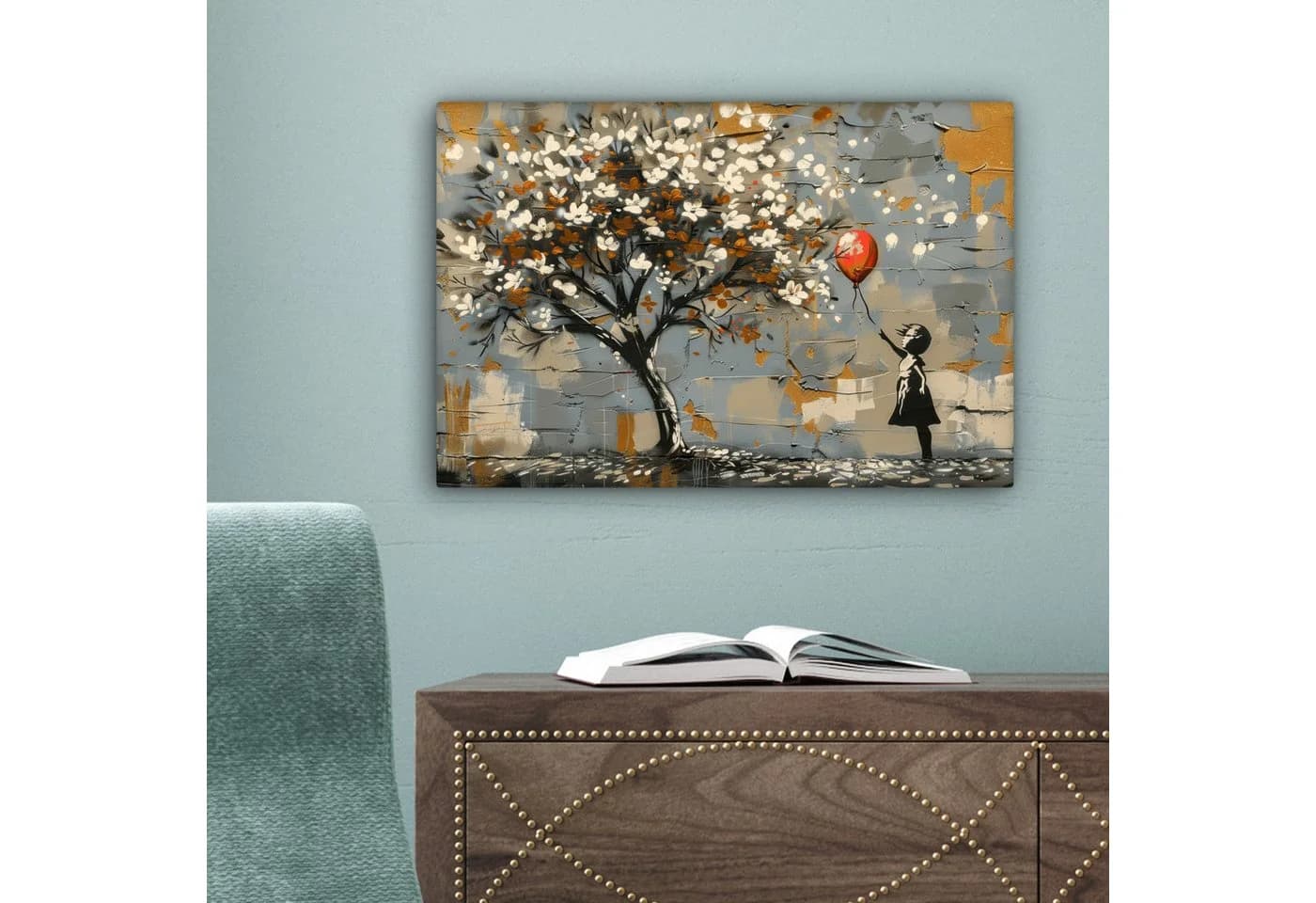 OneMillionCanvasses® Leinwandbild Banksy-Stil Baum Balloon Girl Grau Gold - Bild 5