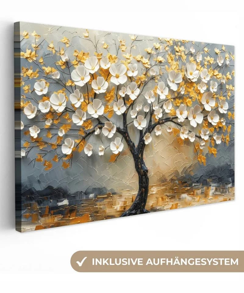 OneMillionCanvasses Leinwandbild Baum Blumen Gold Beige 30x20 cm - Bild 2