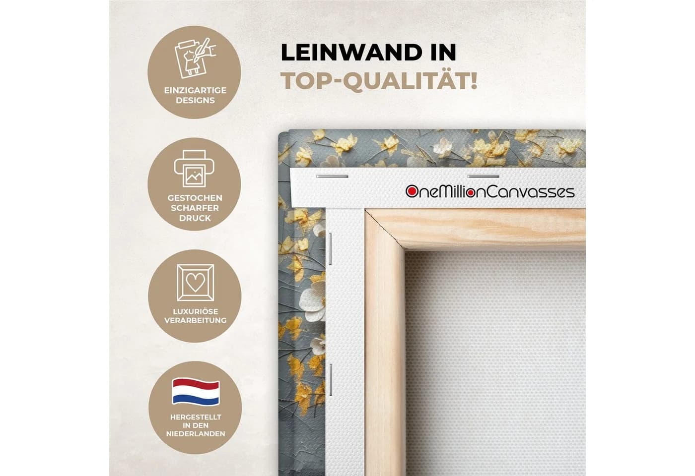OneMillionCanvasses Leinwandbild Baum Blumen Gold Beige 30x20 cm - Bild 3