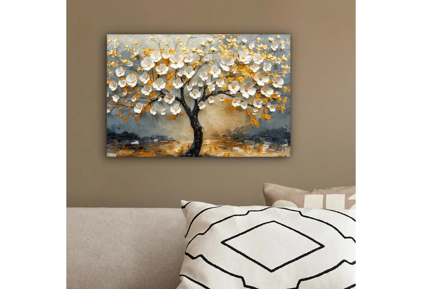 OneMillionCanvasses Leinwandbild Baum Blumen Gold Beige 30x20 cm - Bild 4
