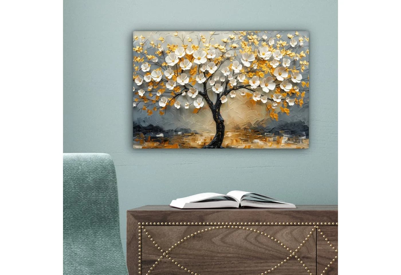 OneMillionCanvasses Leinwandbild Baum Blumen Gold Beige 30x20 cm - Bild 5