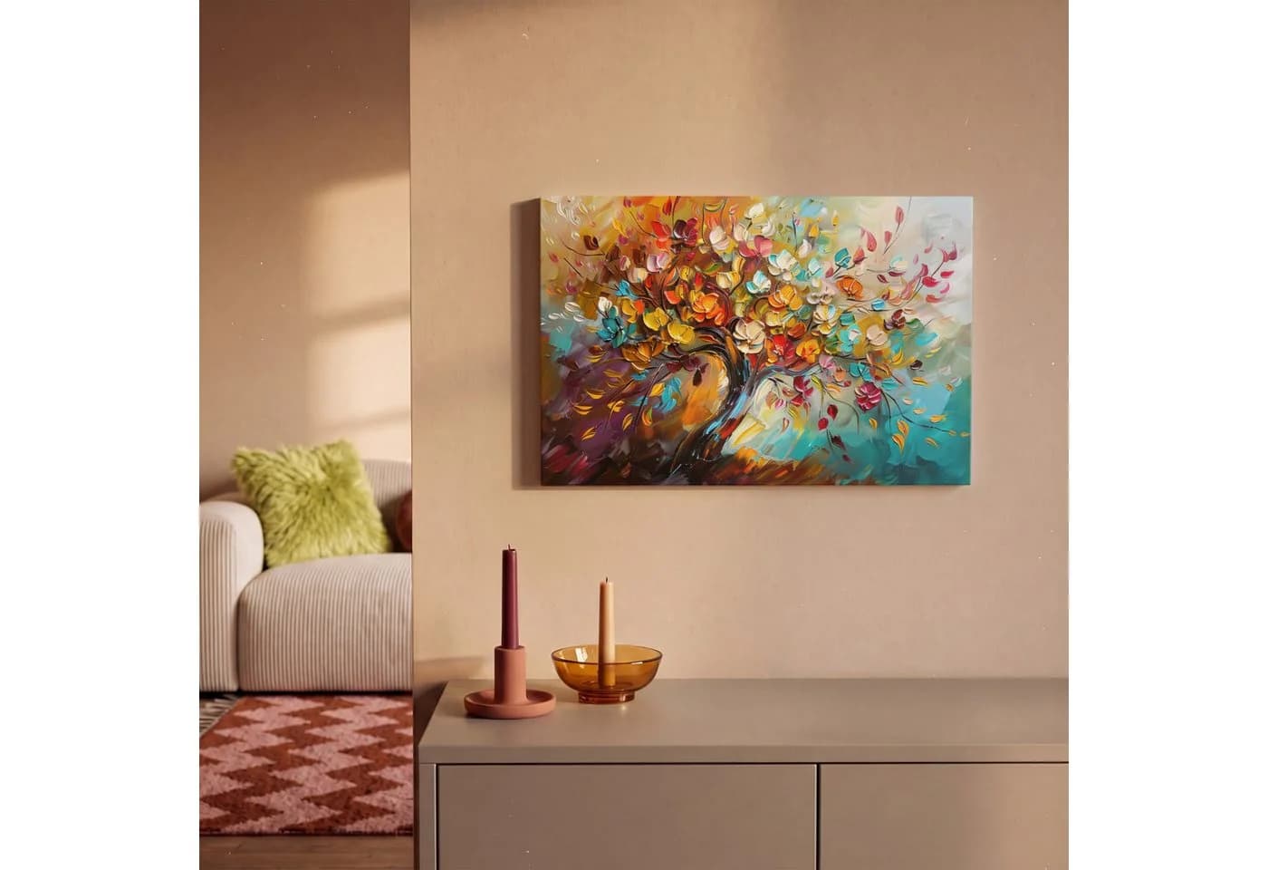 OneMillionCanvasses® Leinwandbild Baum Abstrakt Farbenfroh Blumen Fotodruck