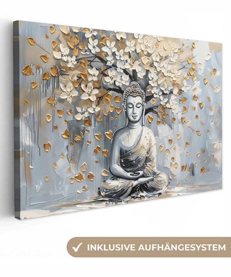 OneMillionCanvasses® Leinwandbild Buddha - Blumen - Baum - Gold - Modern - Bild 2