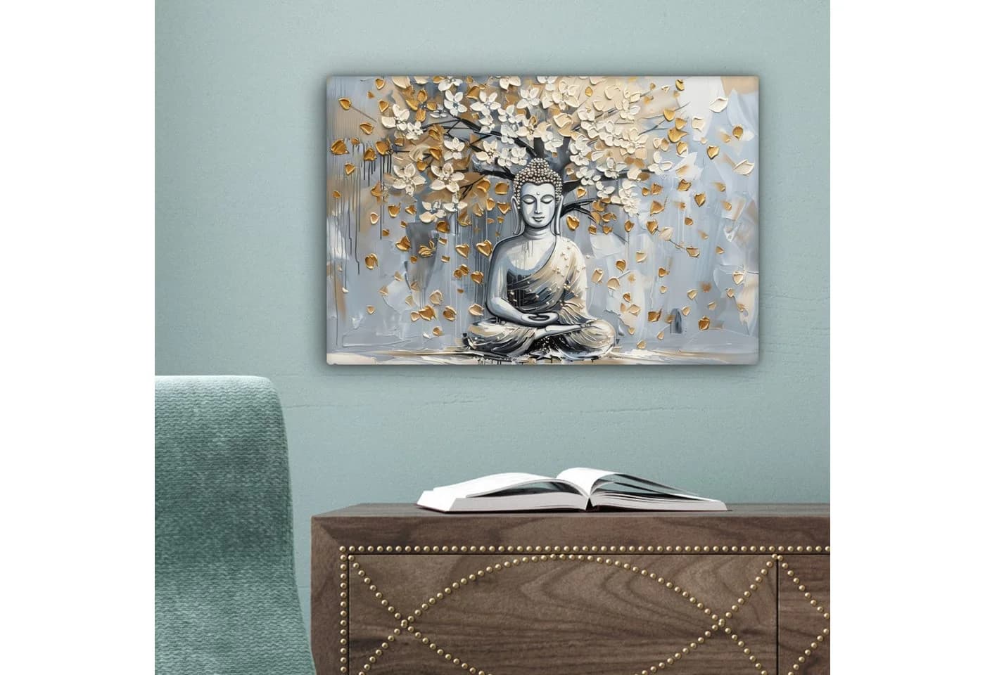 OneMillionCanvasses® Leinwandbild Buddha - Blumen - Baum - Gold - Modern - Bild 5