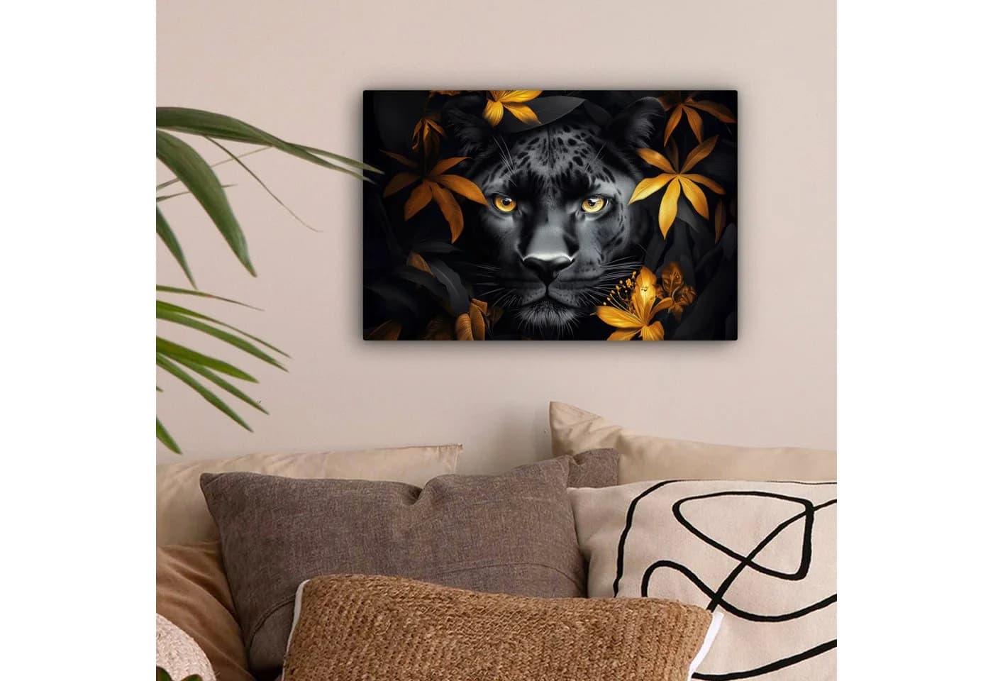 OneMillionCanvasses® Leinwandbild Schwarzer Panther Blumen Gold