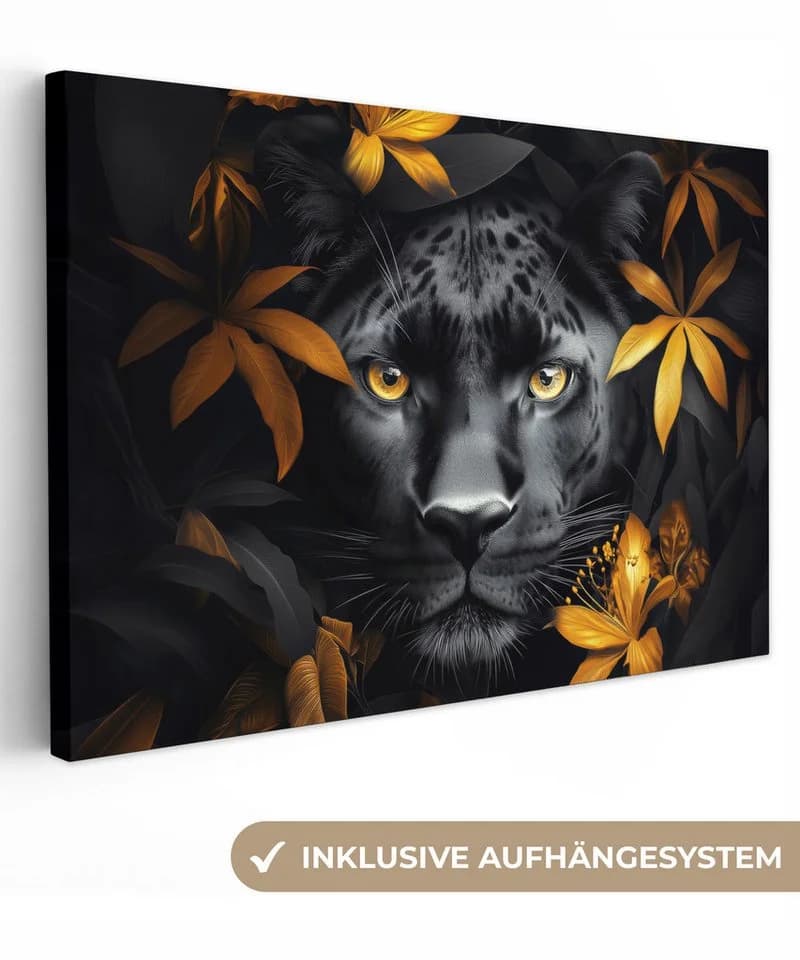 OneMillionCanvasses® Leinwandbild Schwarzer Panther Blumen Gold - Bild 2