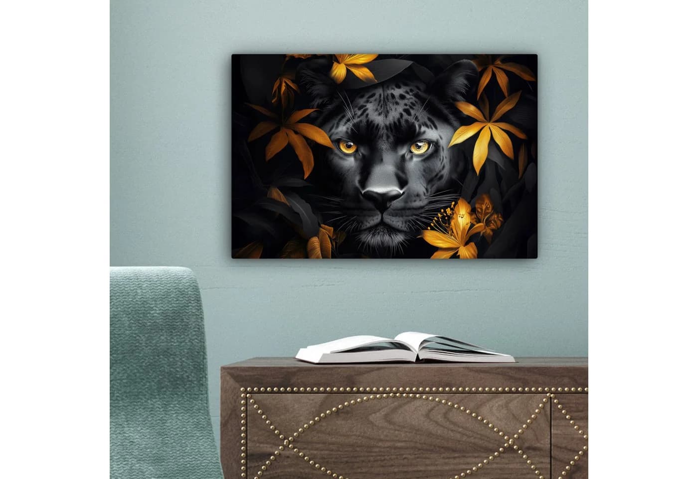 OneMillionCanvasses® Leinwandbild Schwarzer Panther Blumen Gold - Bild 5