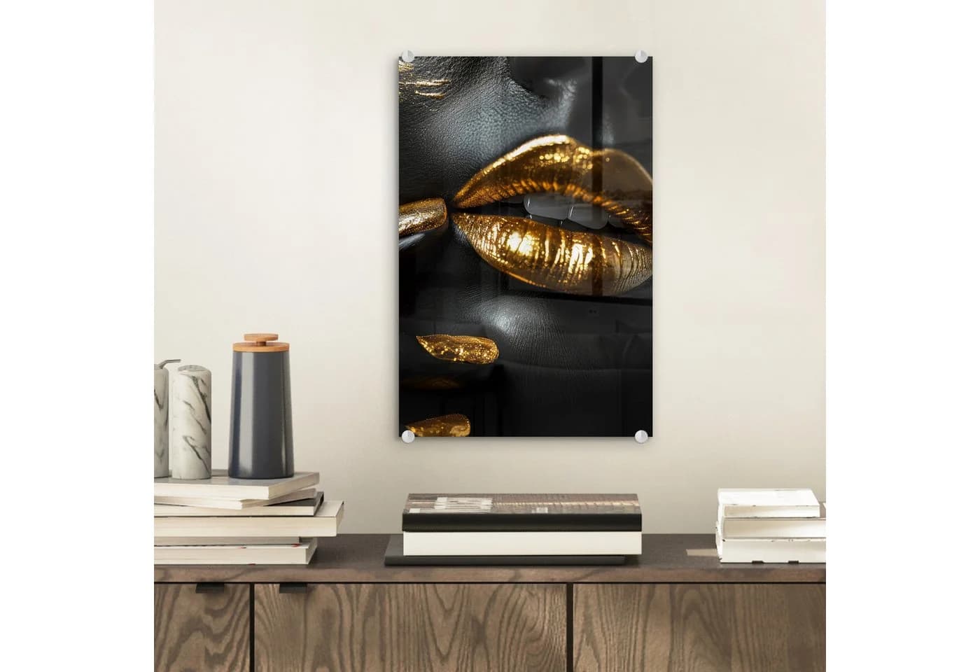 MuchoWow Acrylglasbild Lippen Gold Schwarz Abstrakt