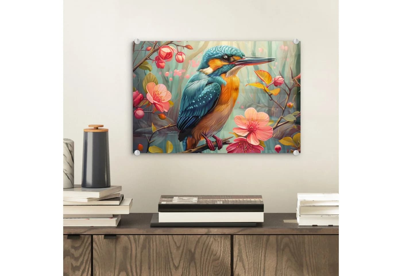 MuchoWow Acrylglasbild Eisvogel Blumen Motiv
