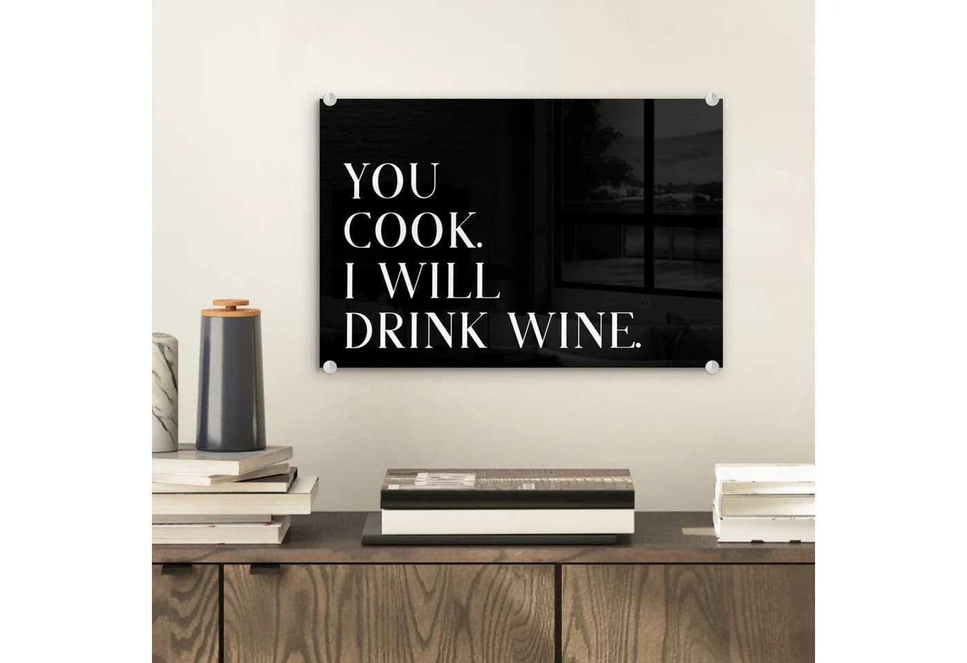 MuchoWow Acrylglasbild Zitat 'Du kochst, ich trinke Wein' Schwarz/Weiß