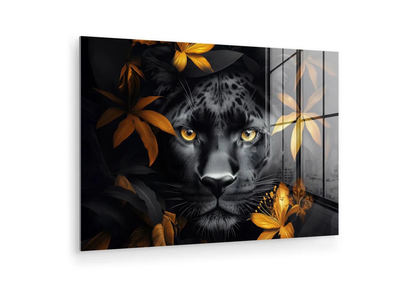 MuchoWow Acrylglasbild Schwarzer Panther mit Blumen und Gold - Bild 2