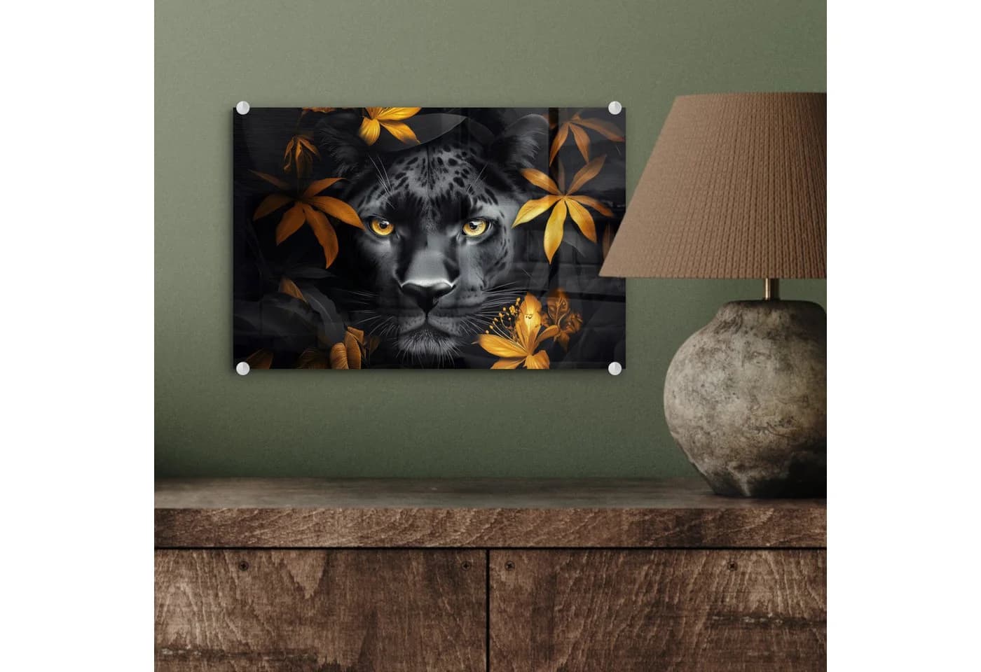 MuchoWow Acrylglasbild Schwarzer Panther mit Blumen und Gold - Bild 4