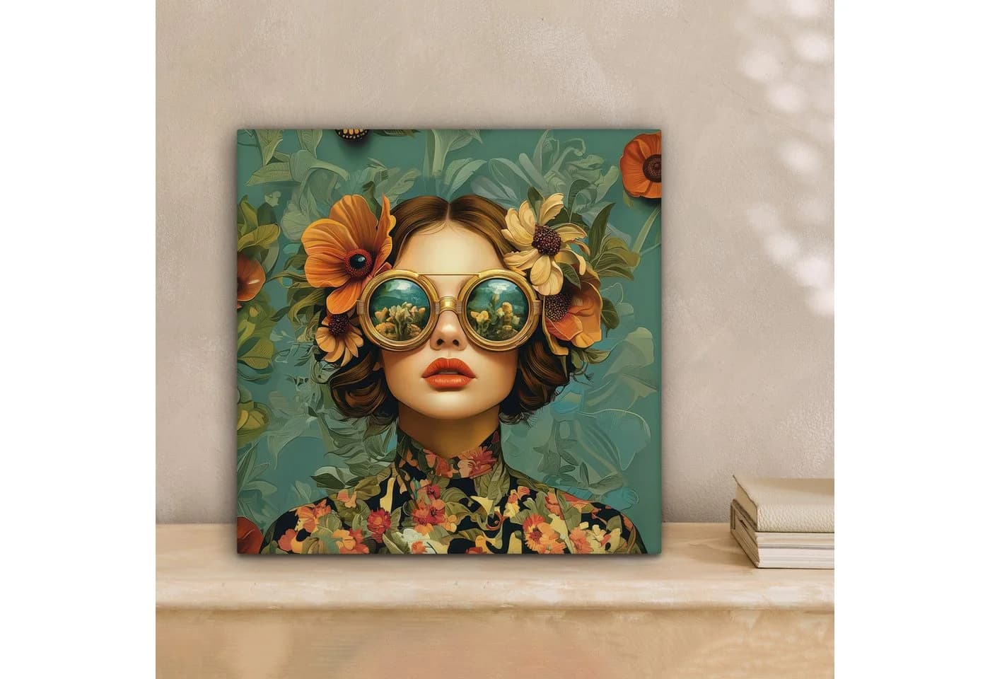 OneMillionCanvasses® Leinwandbild Frau Blumen Schmetterlinge Vintage Fotodruck Wandbild Deko Schlafzimmer Wohnzimmer Flur