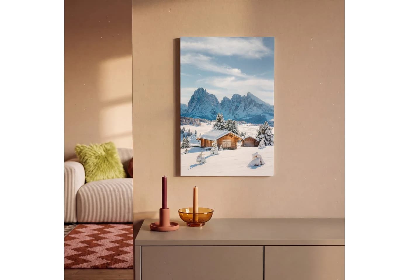 OneMillionCanvasses Leinwandbild Winter Hütte Berge Schnee 20x30 cm