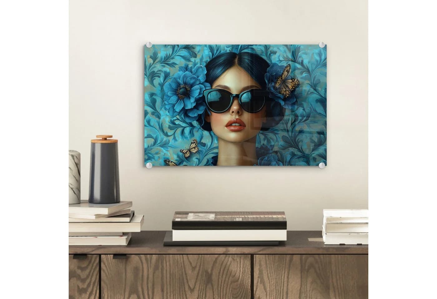 MuchoWow Acrylglasbild Frau Blumen Schmetterlinge Blau Modern