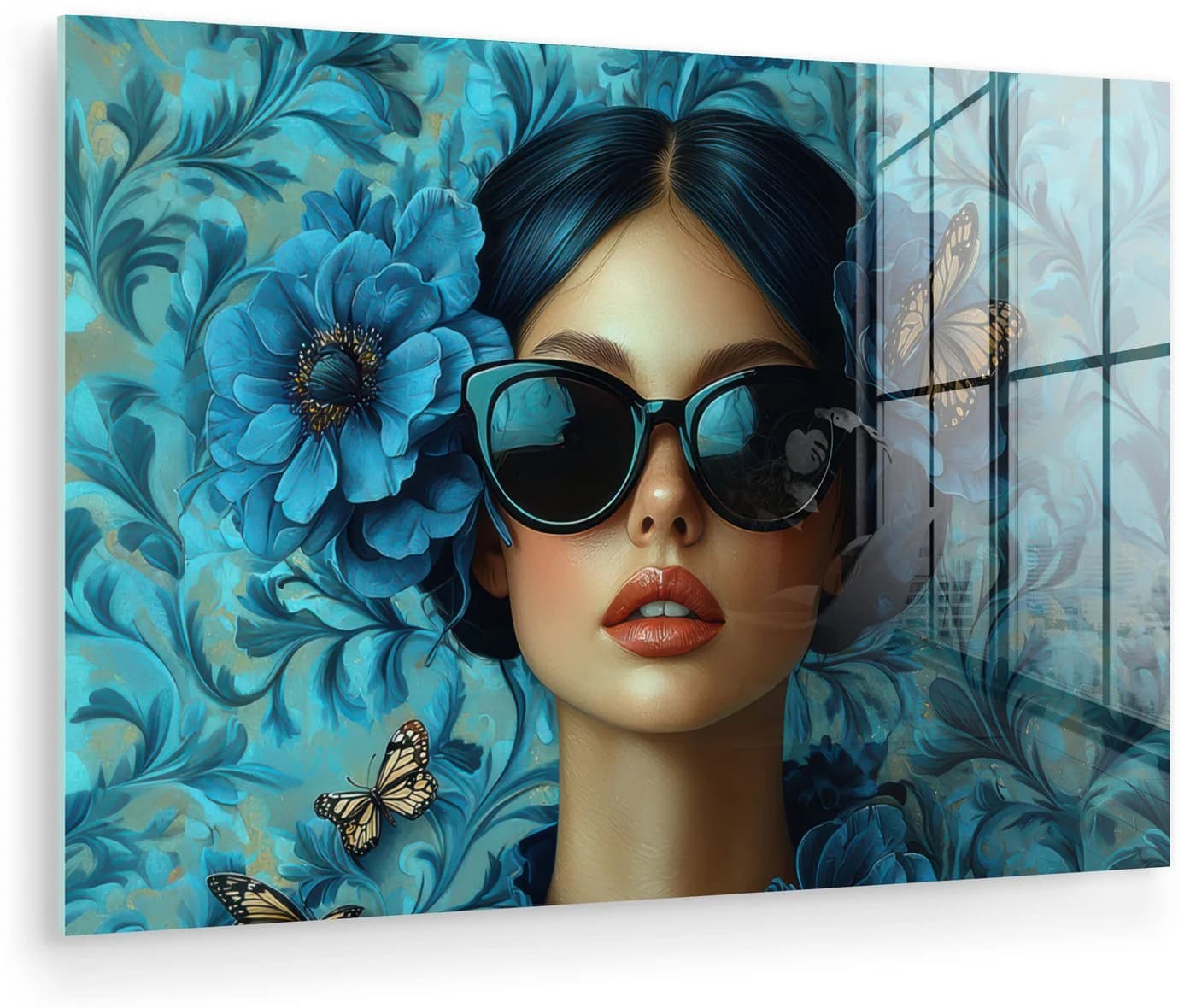 MuchoWow Acrylglasbild Frau Blumen Schmetterlinge Blau Modern - Bild 2