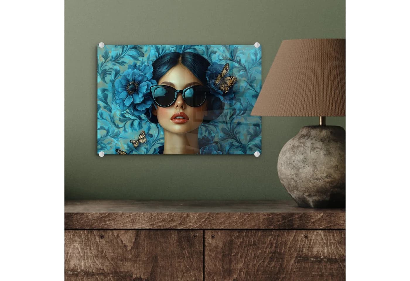 MuchoWow Acrylglasbild Frau Blumen Schmetterlinge Blau Modern - Bild 4