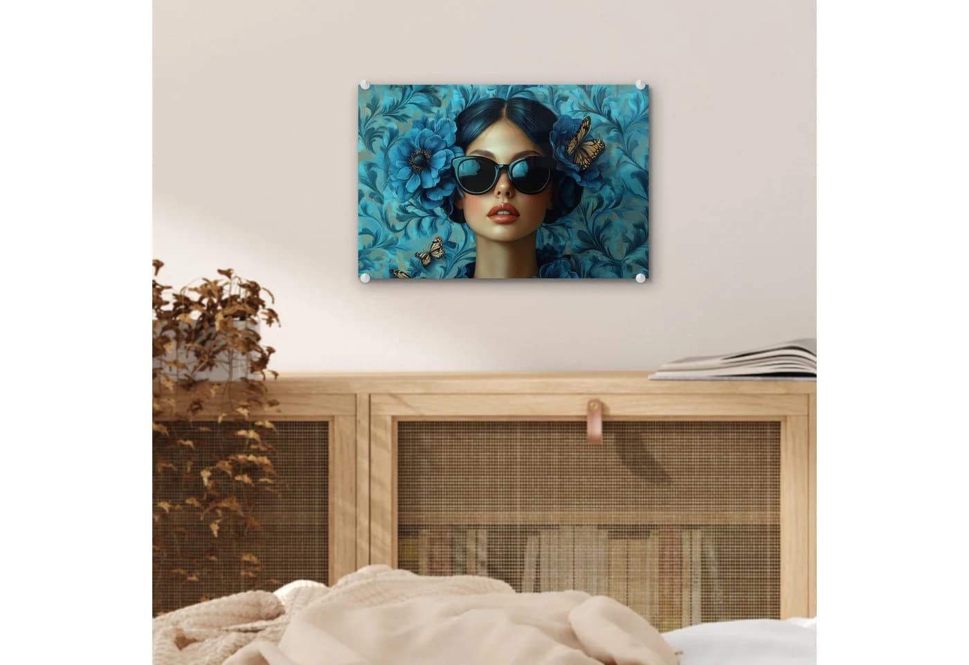 MuchoWow Acrylglasbild Frau Blumen Schmetterlinge Blau Modern - Bild 5