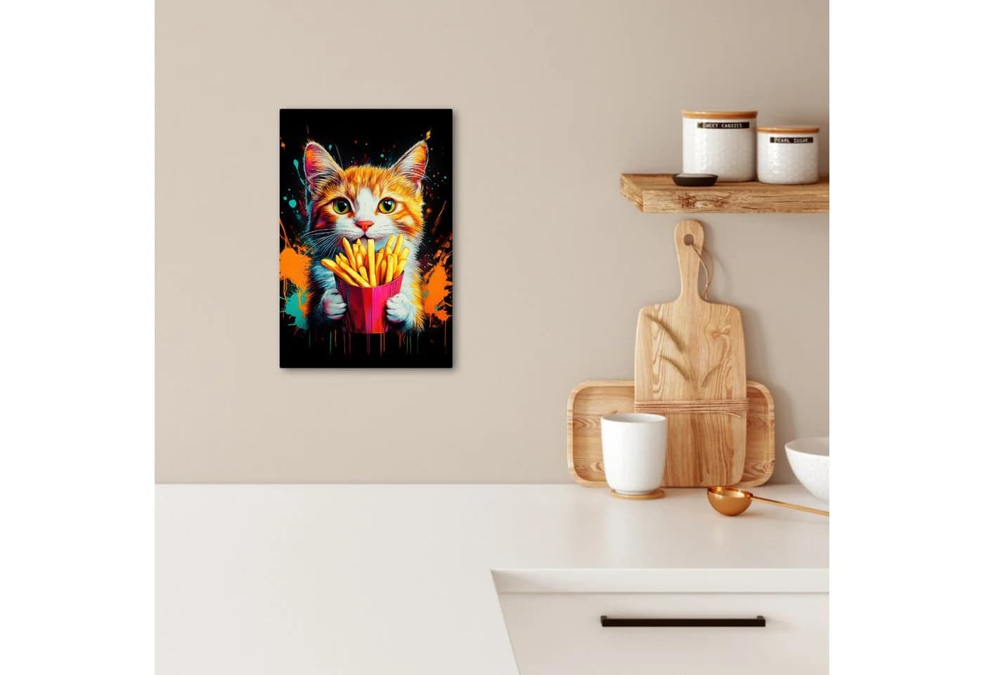 OneMillionCanvasses® Leinwandbild Katze - Essen - Pommes frites - Graffiti - Abstrakt