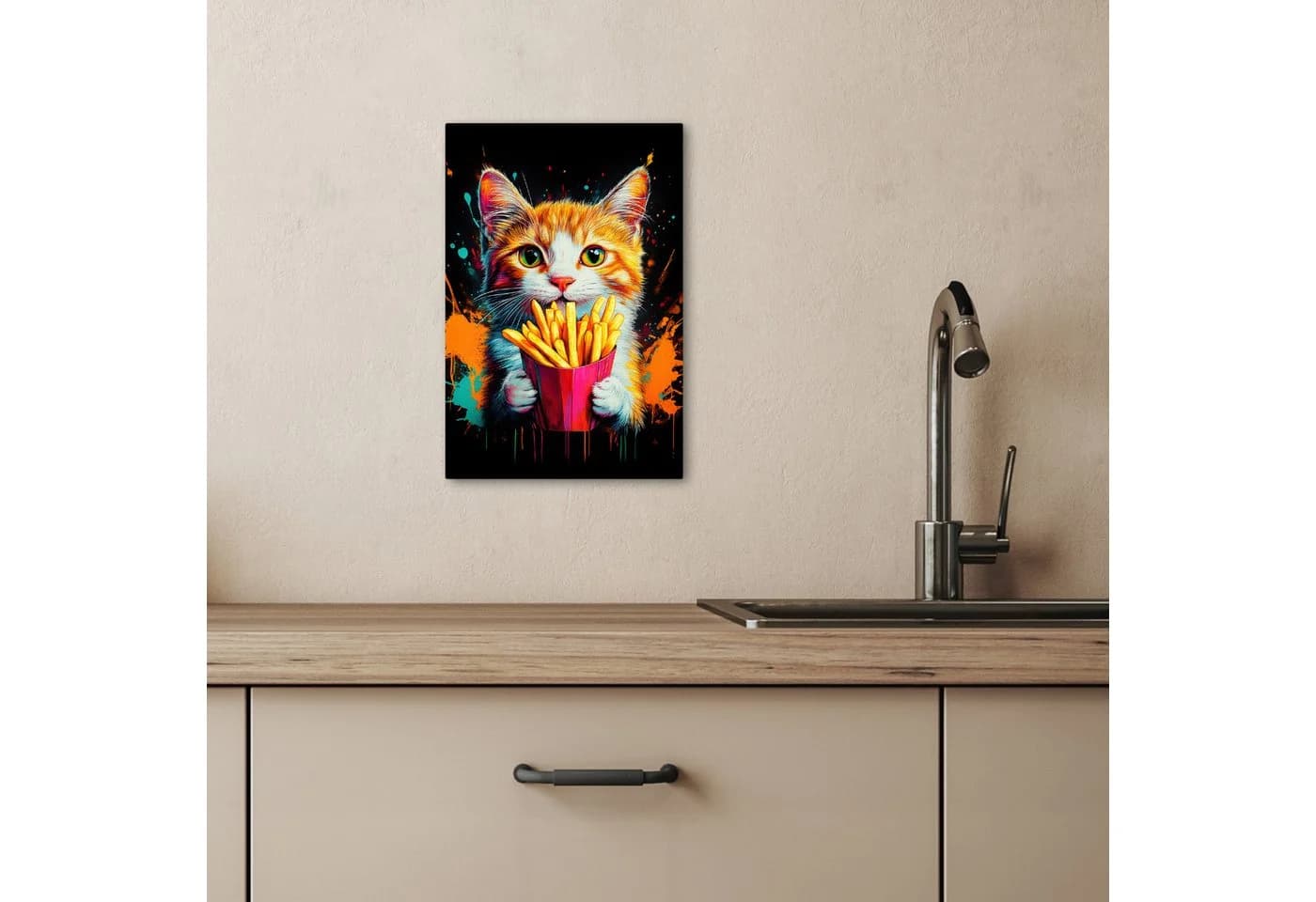 OneMillionCanvasses® Leinwandbild Katze - Essen - Pommes frites - Graffiti - Abstrakt - Bild 3