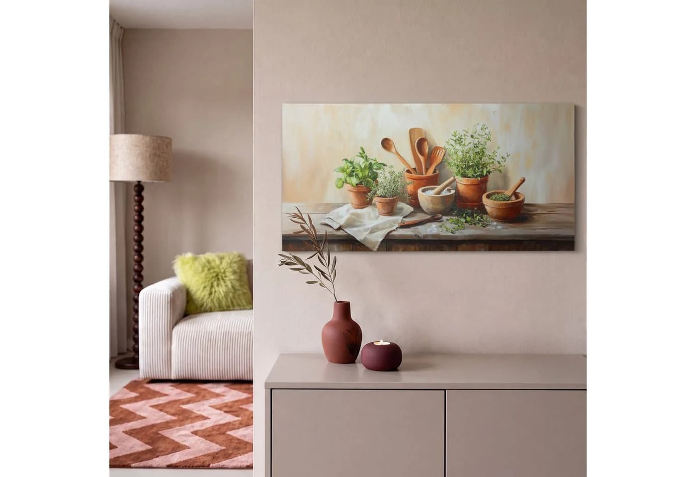 OneMillionCanvasses® Leinwandbild Panorama Töpfe - Kräuter - Holz, Fotodruck