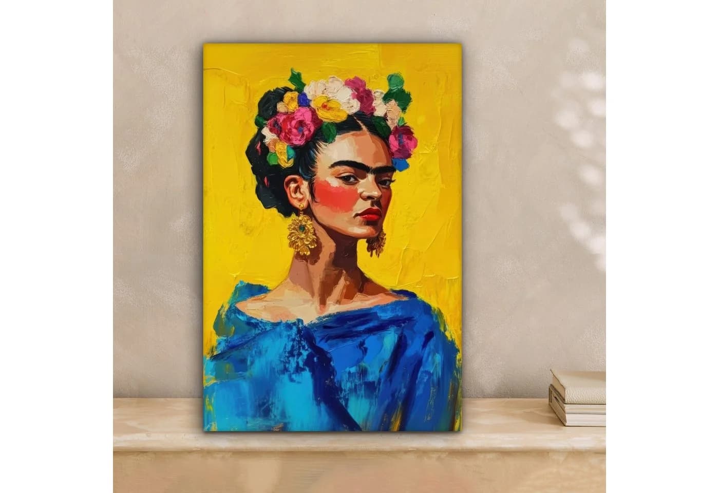 OneMillionCanvasses® Leinwandbild Frida Kahlo Frau Gelb Blau Blumen