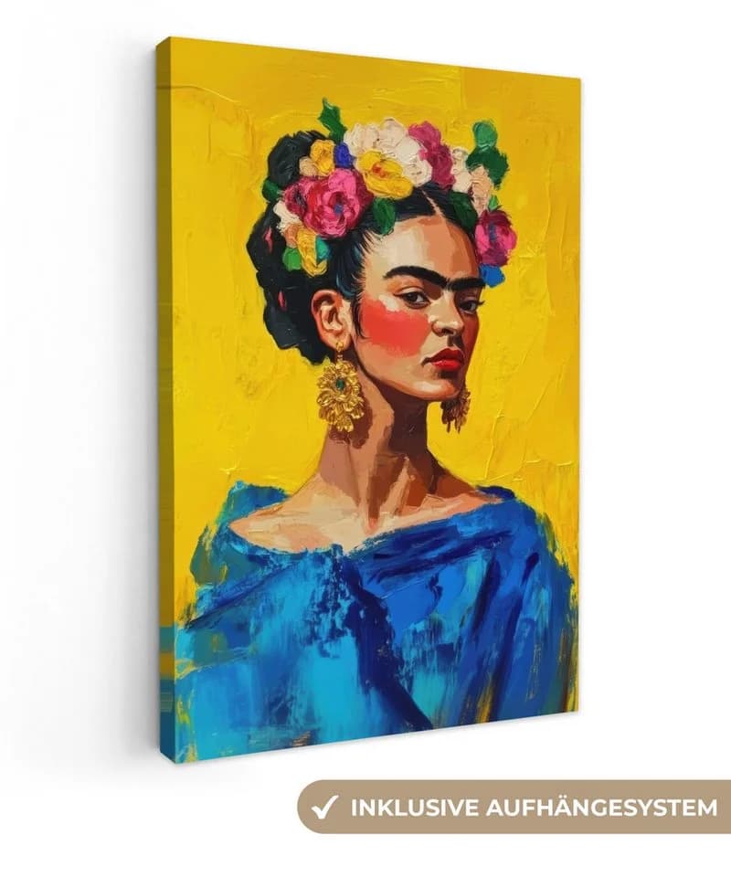 OneMillionCanvasses® Leinwandbild Frida Kahlo Frau Gelb Blau Blumen - Bild 2