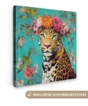 OneMillionCanvasses® Leinwandbild Leopard mit Blumenkrone türkis Bild 2