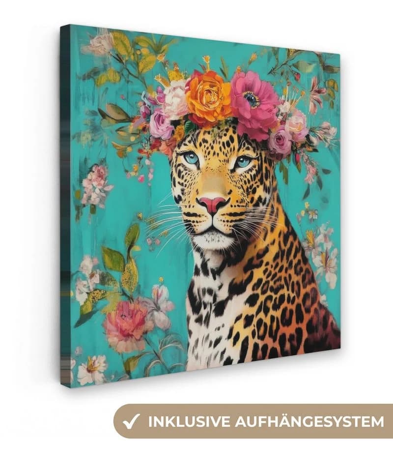 OneMillionCanvasses® Leinwandbild Leopard mit Blumenkrone türkis - Bild 2