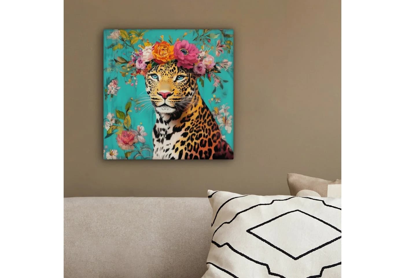 OneMillionCanvasses® Leinwandbild Leopard mit Blumenkrone türkis - Bild 4