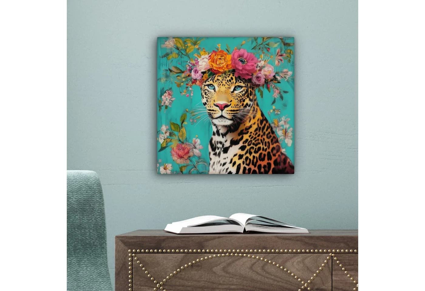 OneMillionCanvasses® Leinwandbild Leopard mit Blumenkrone türkis - Bild 5