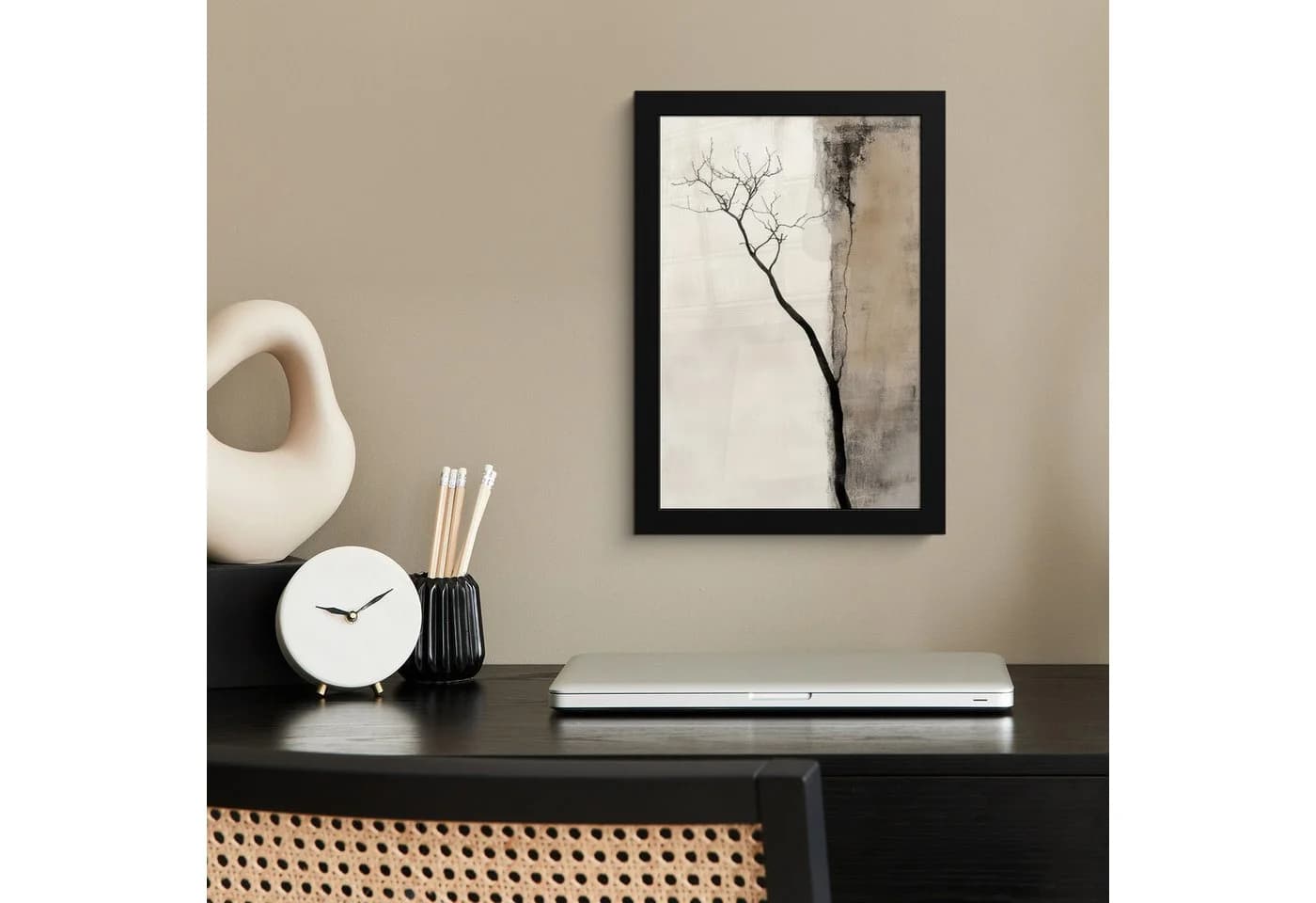 MuchoWow Poster Wabi Sabi Pflanze Beige mit schwarzem Rahmen