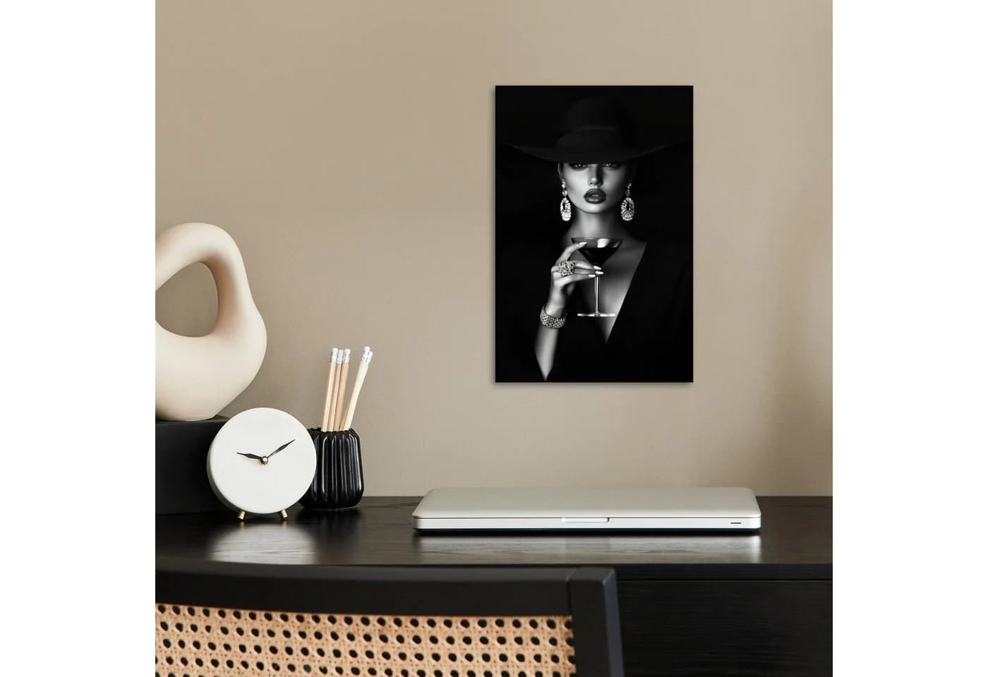 MuchoWow Poster Frau Cocktail Retro Schwarz Bunt