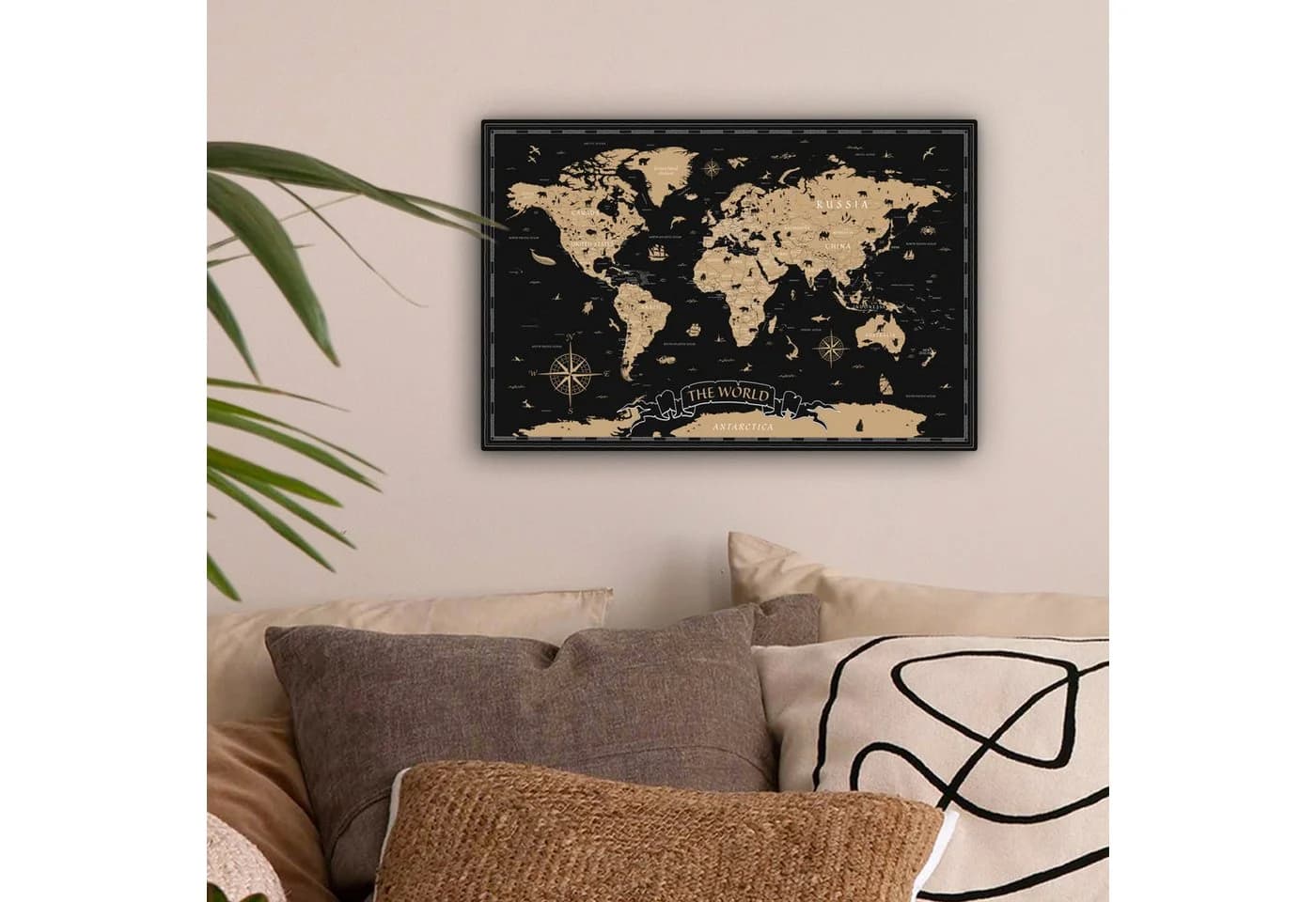 OneMillionCanvasses® Leinwandbild Weltkarte Beige Schwarz Fotodruck